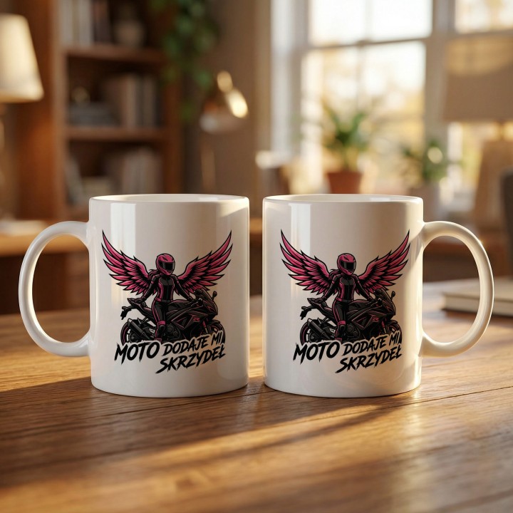 Kubek dla Motocyklistki Moto Dodaje Mi Skrzydeł | Różowy Prezent dla Niej