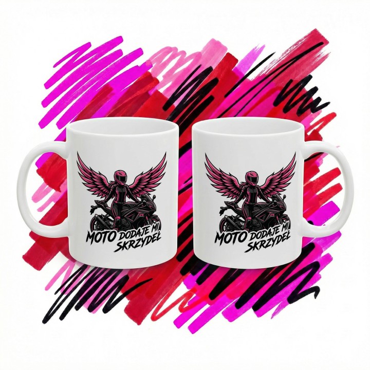 Kubek dla Motocyklistki Moto Dodaje Mi Skrzydeł | Różowy Prezent dla Niej