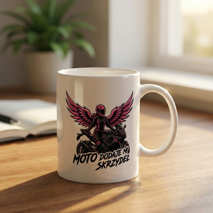 Kubek dla Motocyklistki Moto Dodaje Mi Skrzydeł | Różowy Prezent dla Niej