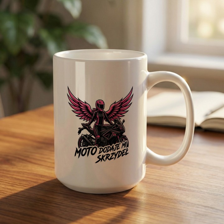 Kubek dla Motocyklistki Moto Dodaje Mi Skrzydeł | Różowy Prezent dla Niej