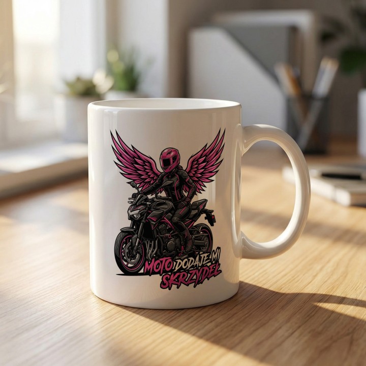 Kubek Motocyklowy Moto Dodaje Mi Skrzydeł | Różowy Prezent dla Motocyklistki