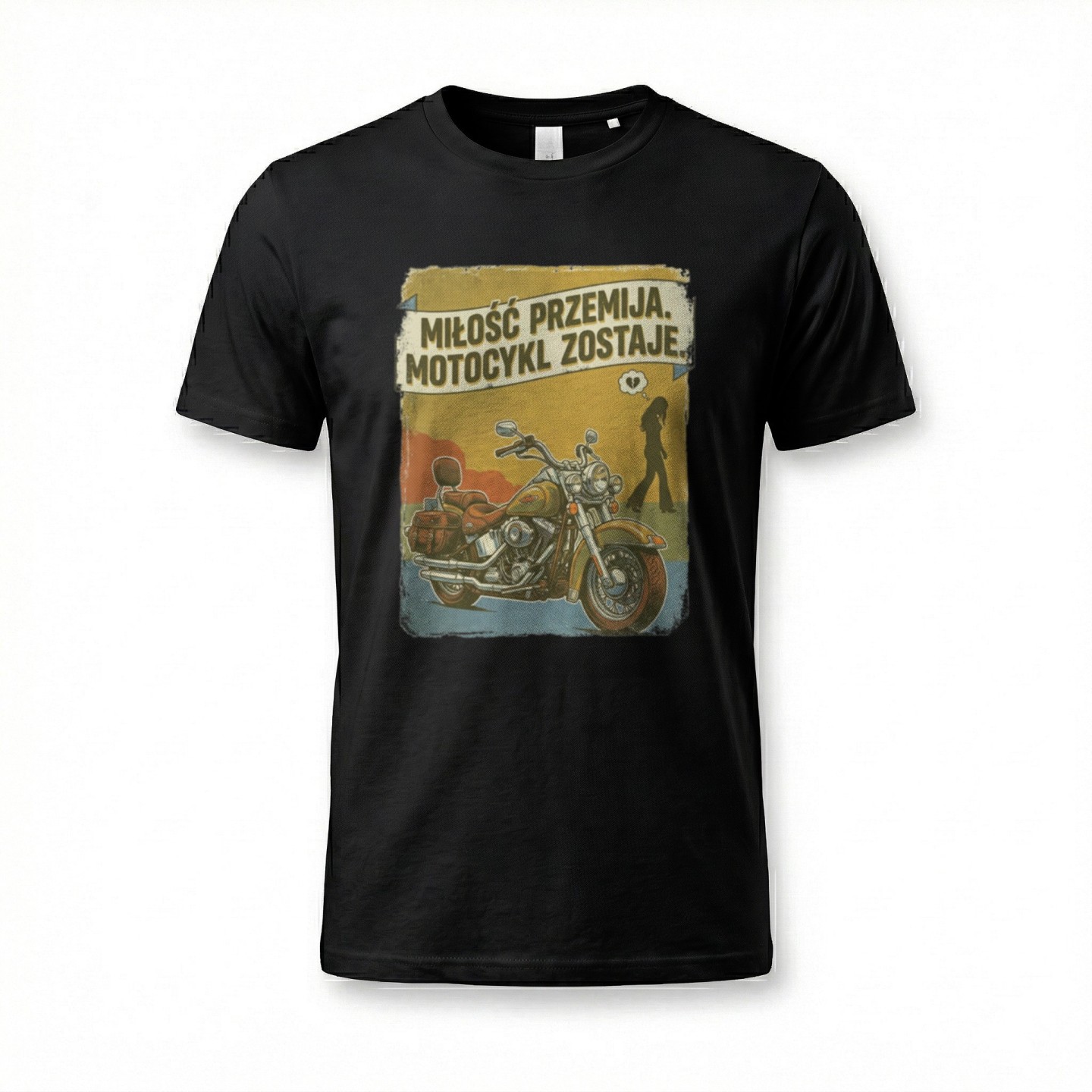 Koszulka z nadrukiem Miłość przemija motocykl zostaje – vintage prezent dla motocyklisty