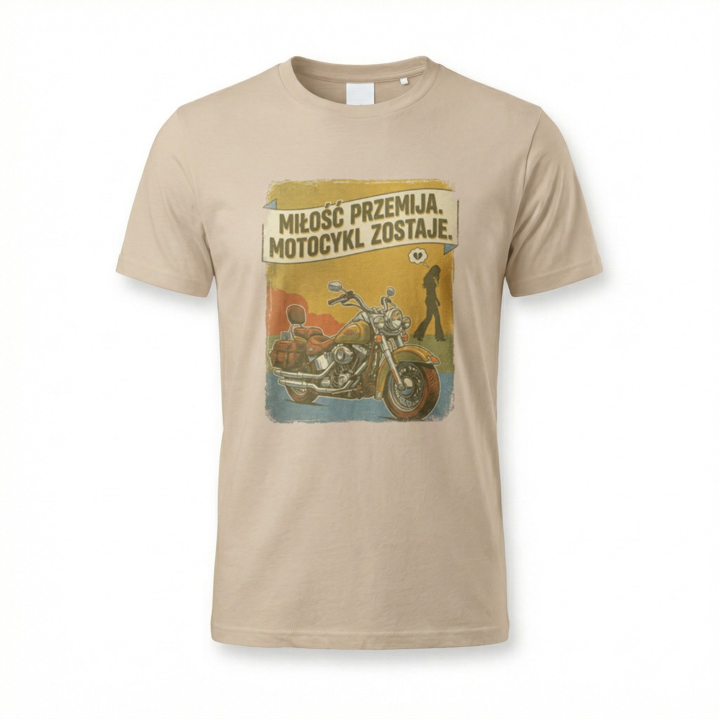 Koszulka z nadrukiem Miłość przemija motocykl zostaje – vintage prezent dla motocyklisty