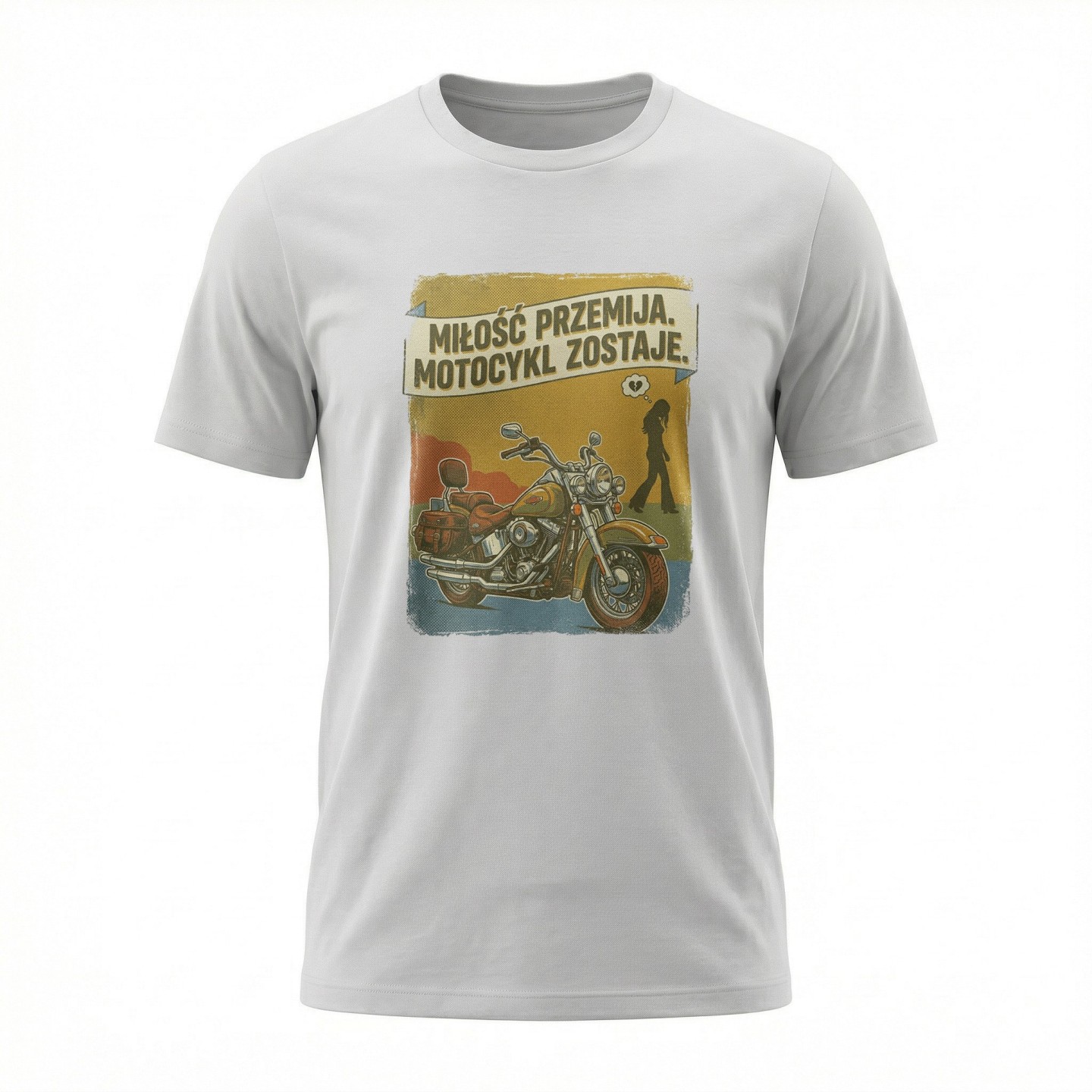 Koszulka z nadrukiem Miłość przemija motocykl zostaje – vintage prezent dla motocyklisty