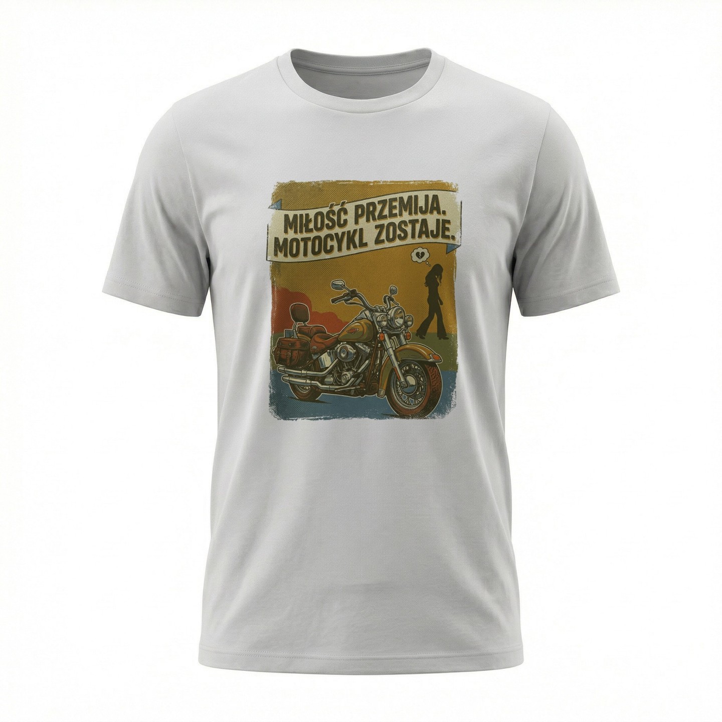 Koszulka z nadrukiem Miłość przemija motocykl zostaje – vintage prezent dla motocyklisty