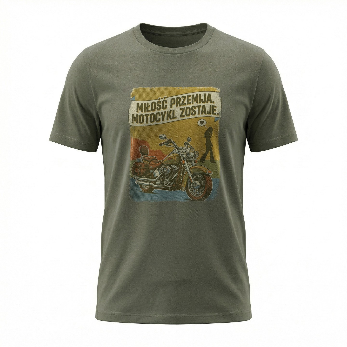 Koszulka z nadrukiem Miłość przemija motocykl zostaje – vintage prezent dla motocyklisty