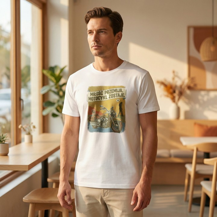 Koszulka Miłość przemija motocykl zostaje – vintage prezent dla motocyklisty z humorem