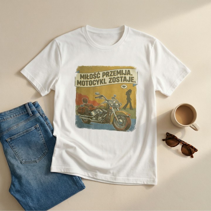 Koszulka Miłość przemija motocykl zostaje – vintage prezent dla motocyklisty z humorem