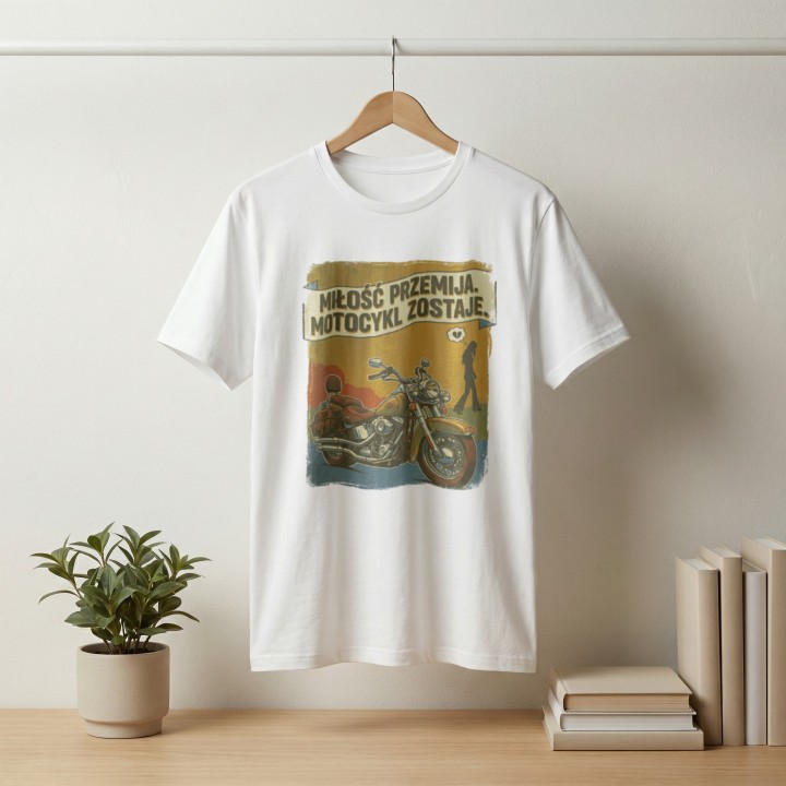 Koszulka Miłość przemija motocykl zostaje – vintage prezent dla motocyklisty z humorem