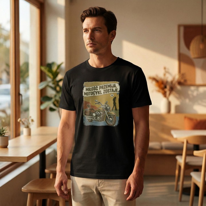 Koszulka Miłość przemija motocykl zostaje – vintage prezent dla motocyklisty z humorem