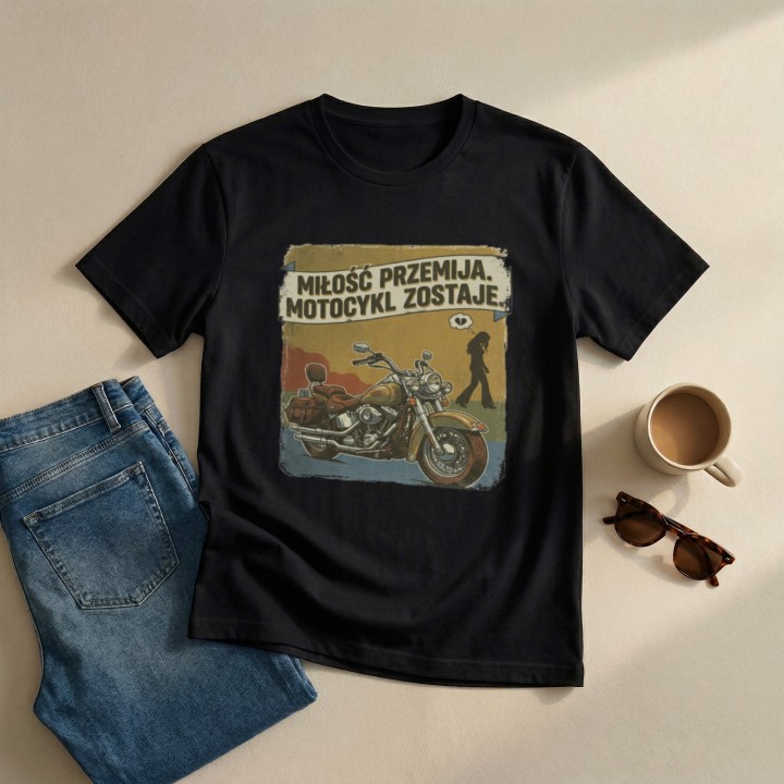 Koszulka Miłość przemija motocykl zostaje – vintage prezent dla motocyklisty z humorem