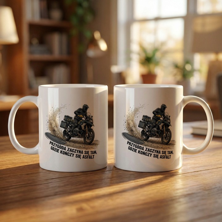 Kubek motocyklowy Przygoda zaczyna się tam gdzie kończy się asfalt - prezent dla podróżnika
