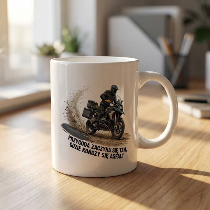 Kubek motocyklowy Przygoda zaczyna się tam gdzie kończy się asfalt - prezent dla podróżnika