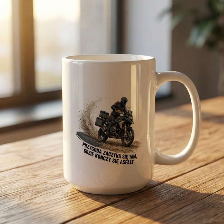 Kubek motocyklowy Przygoda zaczyna się tam gdzie kończy się asfalt - prezent dla podróżnika