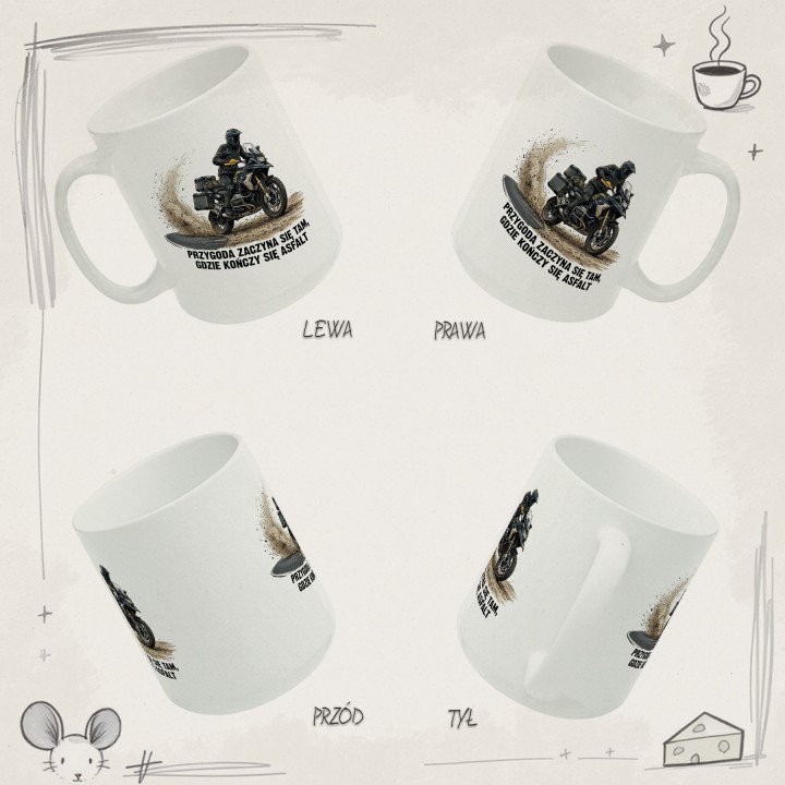 Kubek motocyklowy Przygoda zaczyna się tam gdzie kończy się asfalt - prezent dla podróżnika