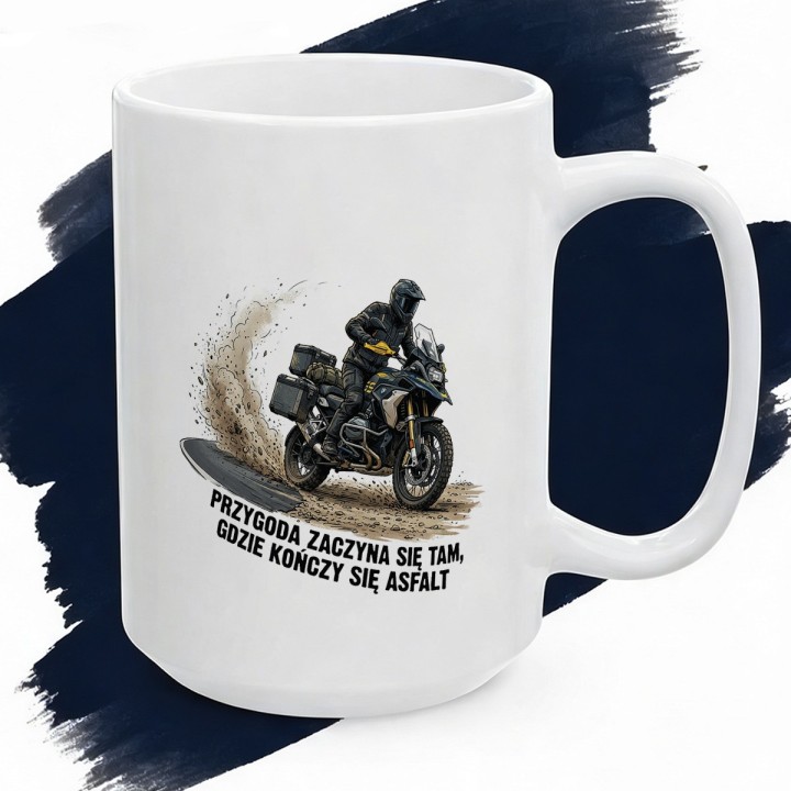 Kubek motocyklowy Przygoda zaczyna się tam gdzie kończy się asfalt - prezent dla podróżnika