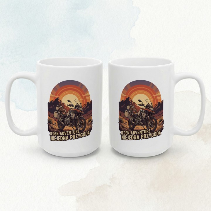 Kubek z nadrukiem BMW GS Adventure – „Jeden Adventure, Niejedna Przygoda" – prezent dla motocyklisty