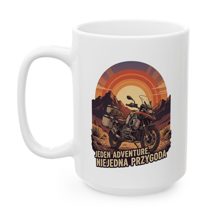 Kubek z nadrukiem BMW GS Adventure – „Jeden Adventure, Niejedna Przygoda" – prezent dla motocyklisty