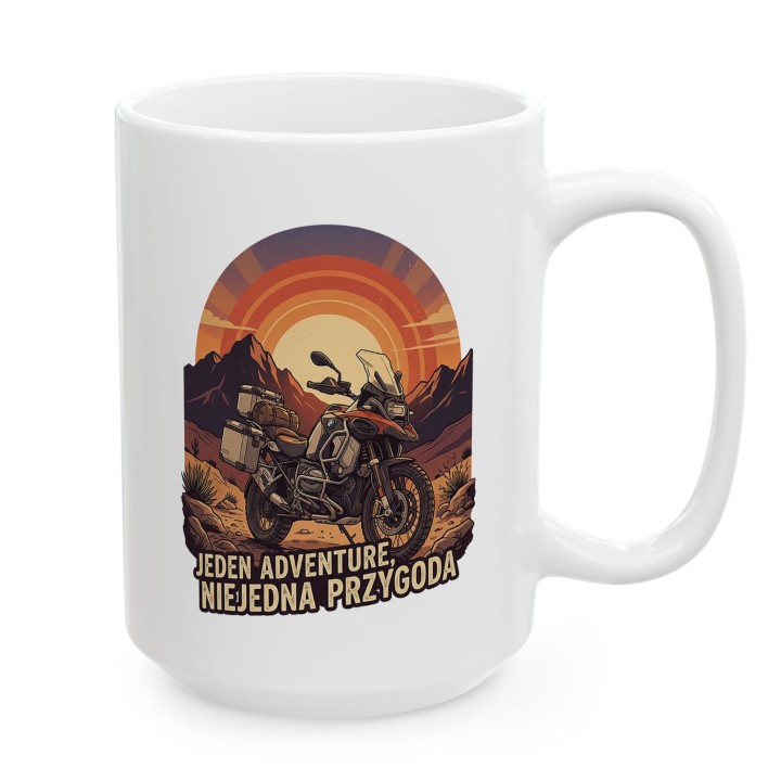 Kubek z nadrukiem BMW GS Adventure – „Jeden Adventure, Niejedna Przygoda" – prezent dla motocyklisty