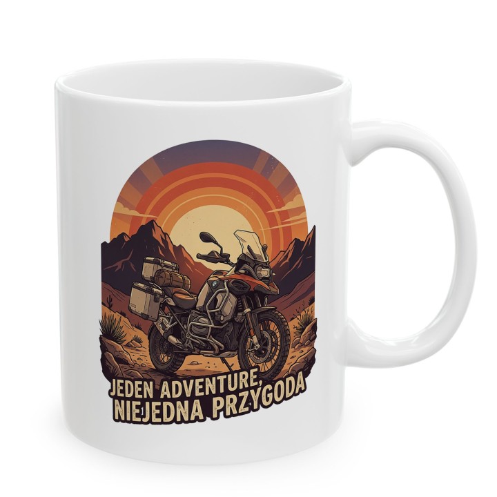 Kubek z nadrukiem BMW GS Adventure – „Jeden Adventure, Niejedna Przygoda" – prezent dla motocyklisty