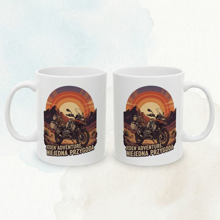 Kubek z nadrukiem BMW GS Adventure – „Jeden Adventure, Niejedna Przygoda" – prezent dla motocyklisty