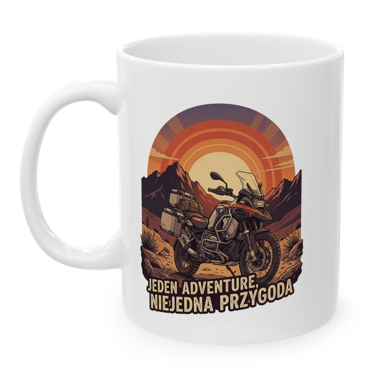 Kubek z nadrukiem BMW GS Adventure – „Jeden Adventure, Niejedna Przygoda" – prezent dla motocyklisty