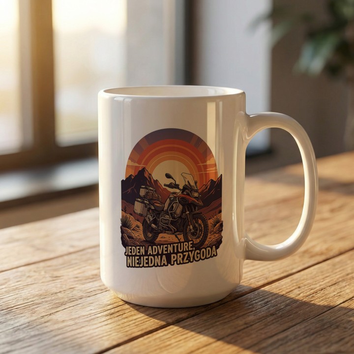 Kubek z nadrukiem BMW GS Adventure – „Jeden Adventure, Niejedna Przygoda" – prezent dla motocyklisty