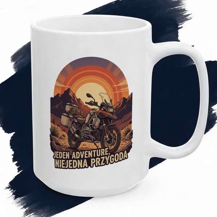 Kubek z nadrukiem BMW GS Adventure – „Jeden Adventure, Niejedna Przygoda" – prezent dla motocyklisty