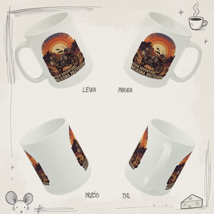 Kubek z nadrukiem BMW GS Adventure – „Jeden Adventure, Niejedna Przygoda" – prezent dla motocyklisty