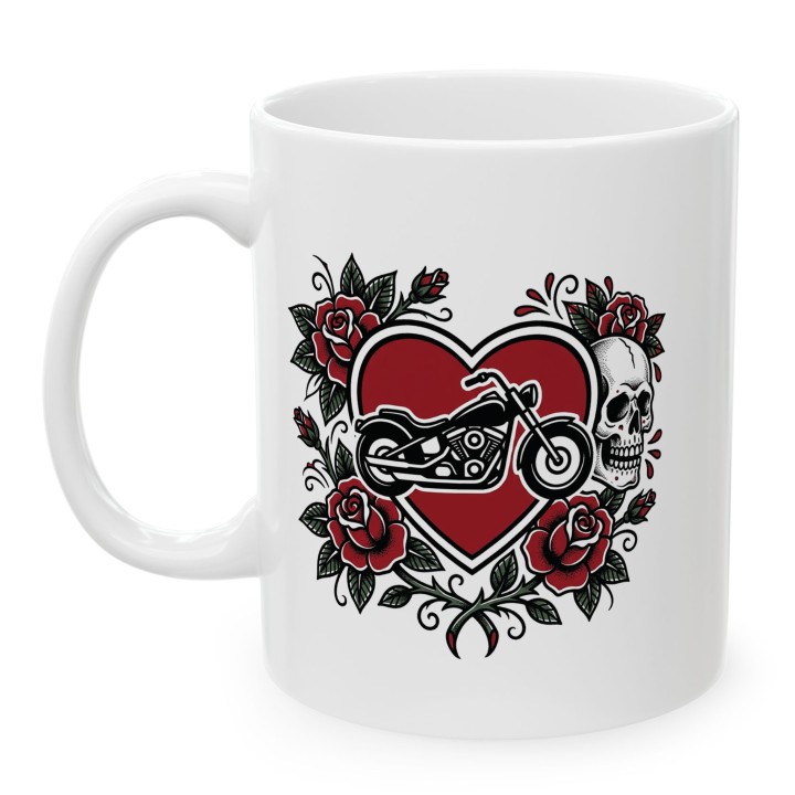 Kubek z nadrukiem Chopper Skull Roses – old school tatuaż, motocykl i czaszka – prezent dla bikerów