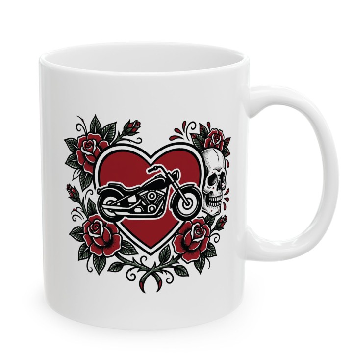 Kubek z nadrukiem Chopper Skull Roses – old school tatuaż, motocykl i czaszka – prezent dla bikerów