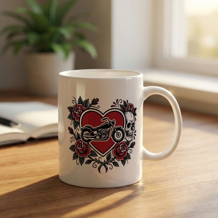 Kubek z nadrukiem Chopper Skull Roses – old school tatuaż, motocykl i czaszka – prezent dla bikerów