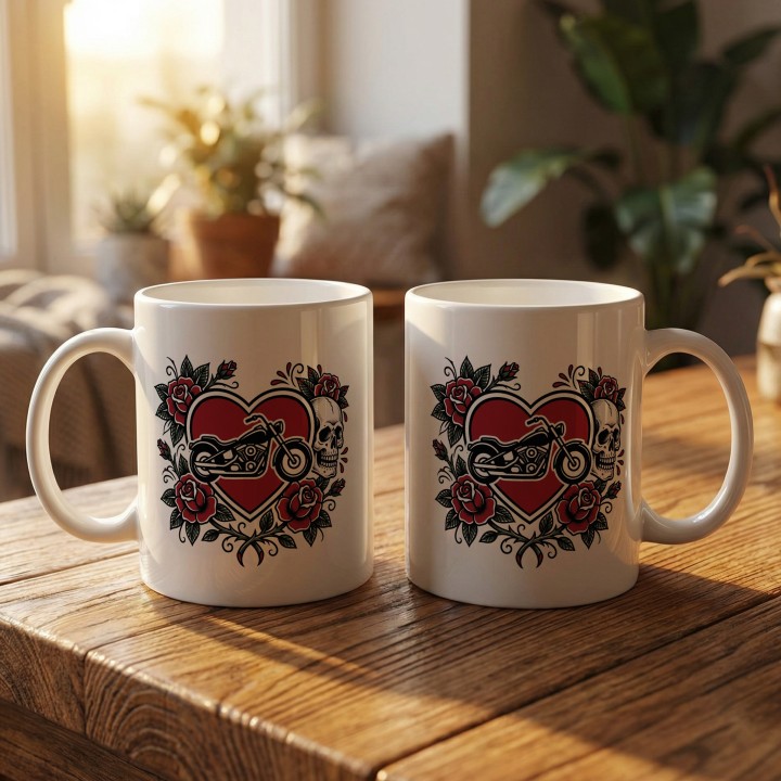 Kubek z nadrukiem Chopper Skull Roses – old school tatuaż, motocykl i czaszka – prezent dla bikerów