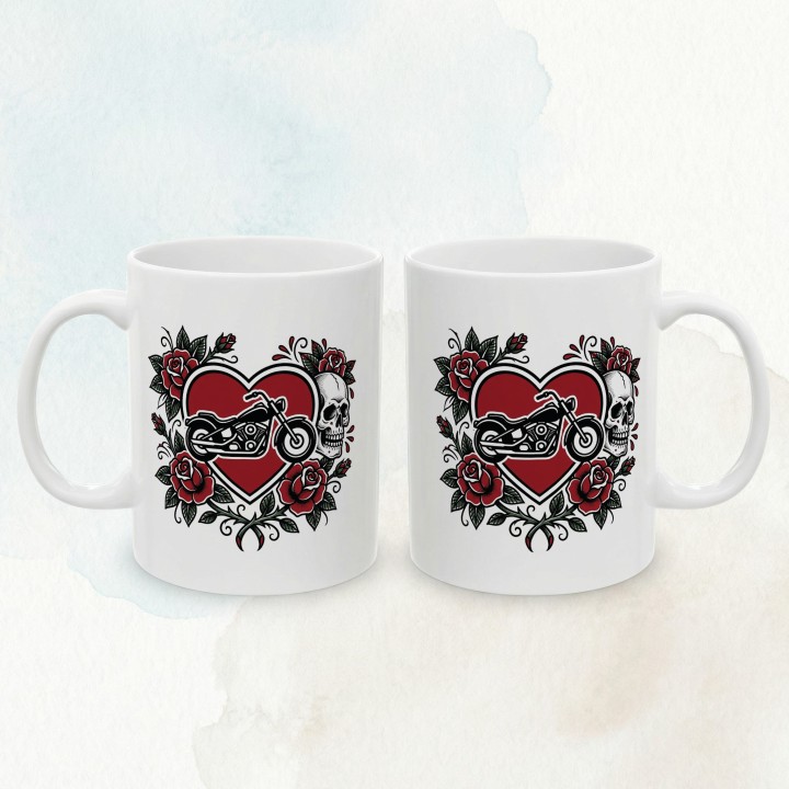 Kubek z nadrukiem Chopper Skull Roses – old school tatuaż, motocykl i czaszka – prezent dla bikerów