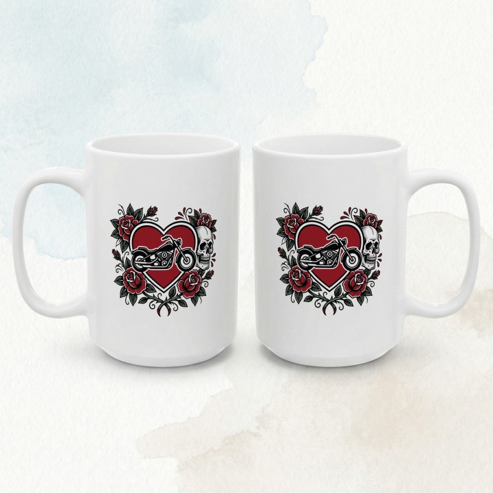 Kubek z nadrukiem Chopper Skull Roses – old school tatuaż, motocykl i czaszka – prezent dla bikerów