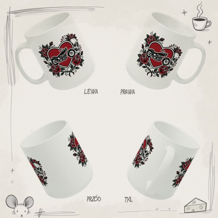 Kubek z nadrukiem Chopper Skull Roses – old school tatuaż, motocykl i czaszka – prezent dla bikerów