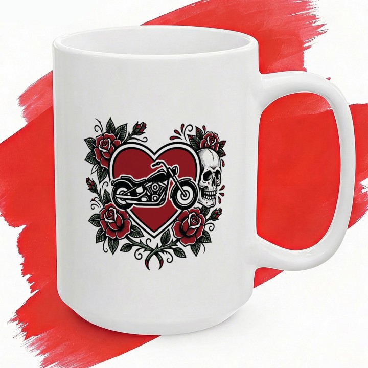 Kubek z nadrukiem Chopper Skull Roses – old school tatuaż, motocykl i czaszka – prezent dla bikerów