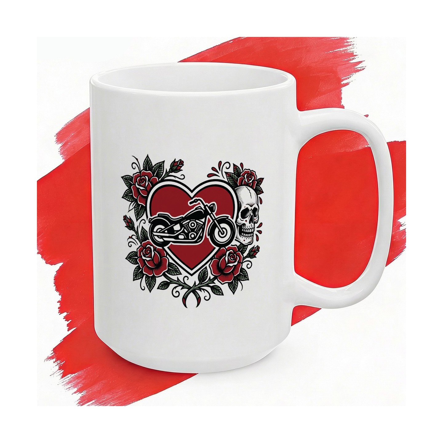 Kubek z nadrukiem Chopper Skull Roses – tatuażowy styl biker, serce i czaszka