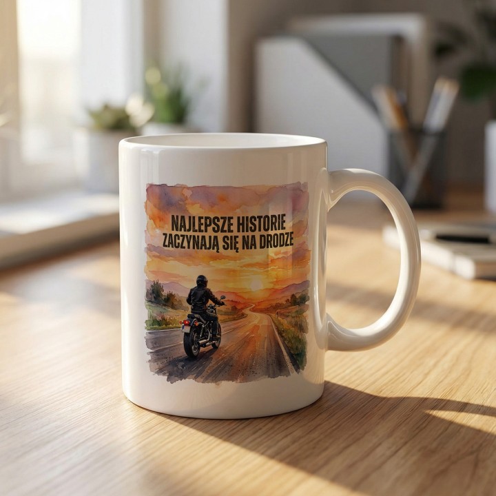 Kubek z nadrukiem Najlepsze historie zaczynają się na drodze