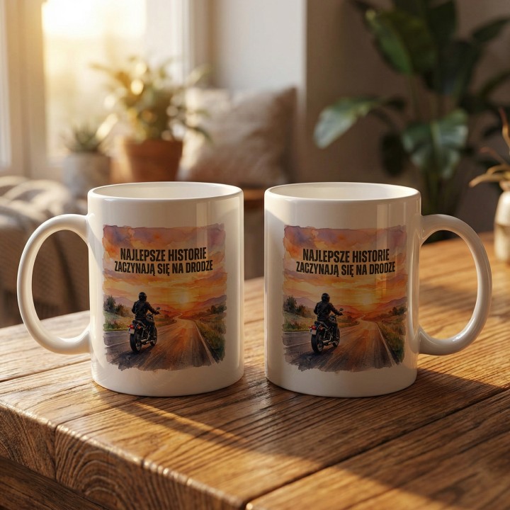 Kubek z nadrukiem Najlepsze historie zaczynają się na drodze