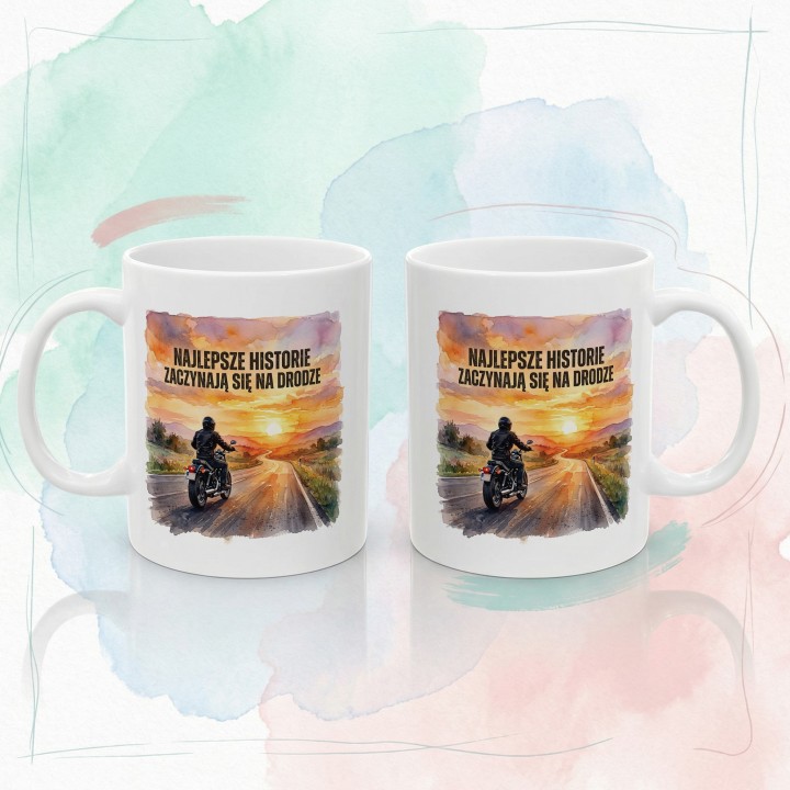 Kubek z nadrukiem Najlepsze historie zaczynają się na drodze