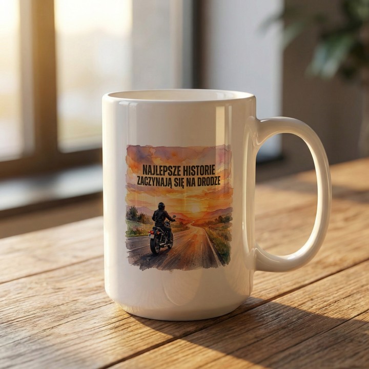 Kubek z nadrukiem Najlepsze historie zaczynają się na drodze