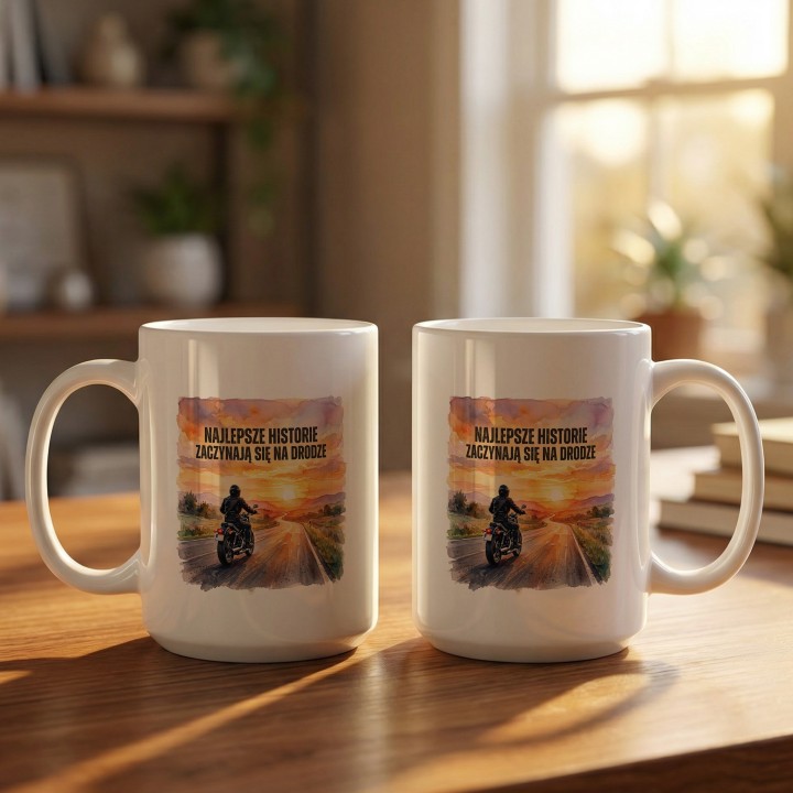 Kubek z nadrukiem Najlepsze historie zaczynają się na drodze