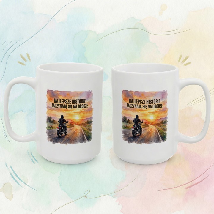 Kubek z nadrukiem Najlepsze historie zaczynają się na drodze