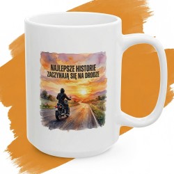 Kubek z nadrukiem „Najlepsze historie zaczynają się na drodze” – akwarelowy vibe dla motocyklisty