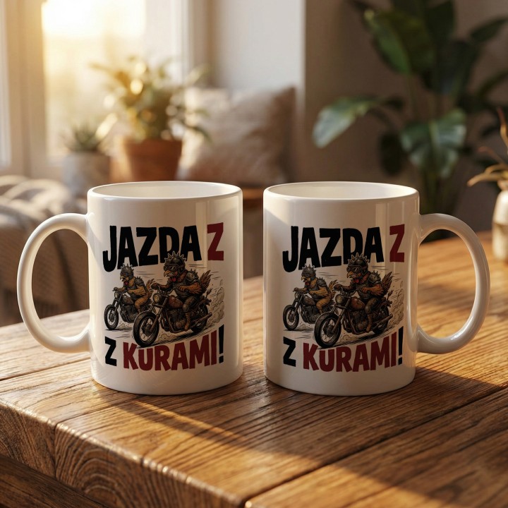 Kubek z nadrukiem Jazda z kurami! – kury na motorach