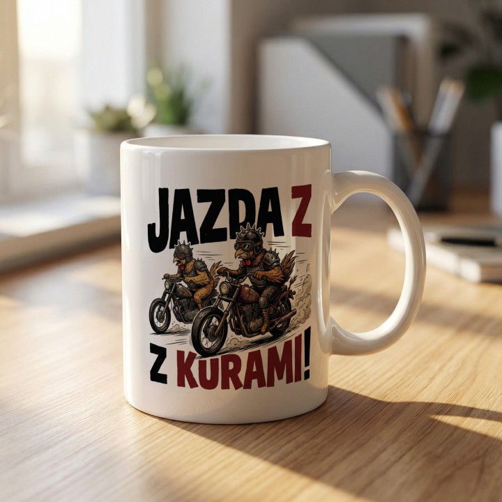 Kubek z nadrukiem Jazda z kurami! – kury na motorach