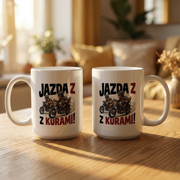 Kubek z nadrukiem Jazda z kurami! – kury na motorach