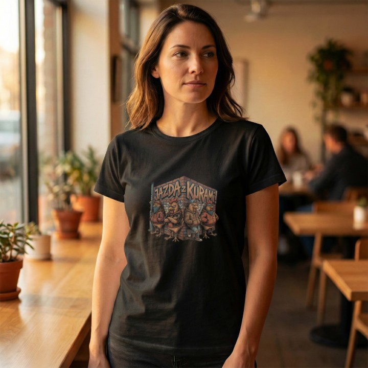 Koszulka z nadrukiem Jazda z kurami! – gang w streetwearze, memowa przeróbka okrzyku