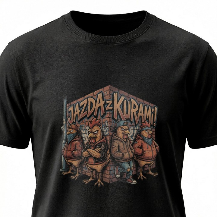 Koszulka z nadrukiem Jazda z kurami! – gang w streetwearze, memowa przeróbka okrzyku
